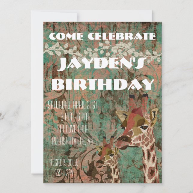 Rosa Giraffes Damasco Invitación de cumpleaños (Anverso)