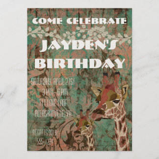 Rosa Giraffes Damasco Invitación de cumpleaños