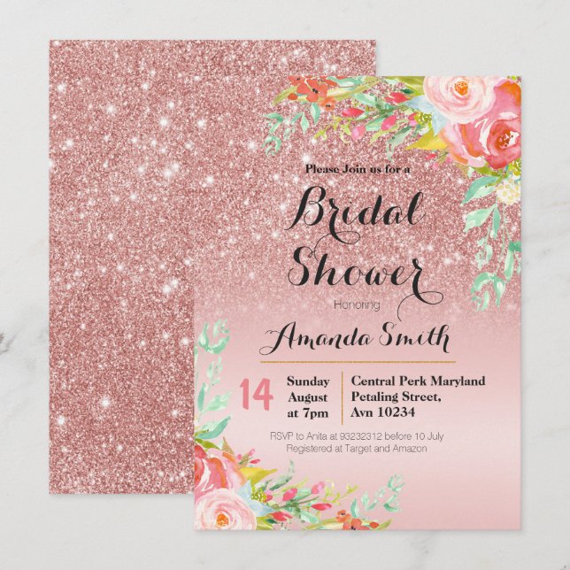 Rosa Gold Bridal Shower Invitación Floral (Anverso / Reverso)