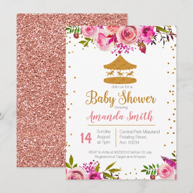 Rosa Gold Circus baby ducha invitación (Anverso / Reverso)