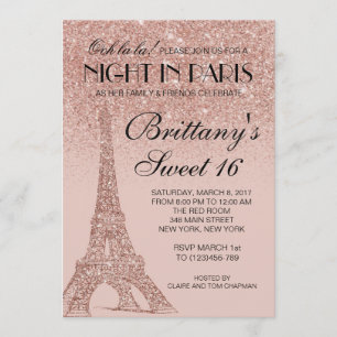 Rosa Gold Eiffel Tower Paris Sweet 16 Invitación