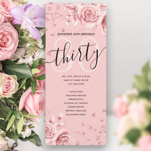 Rosa Gold Floral Purpurina Programas de cumpleaños (Rose Gold Floral Glitter 30th Birthday Programs)