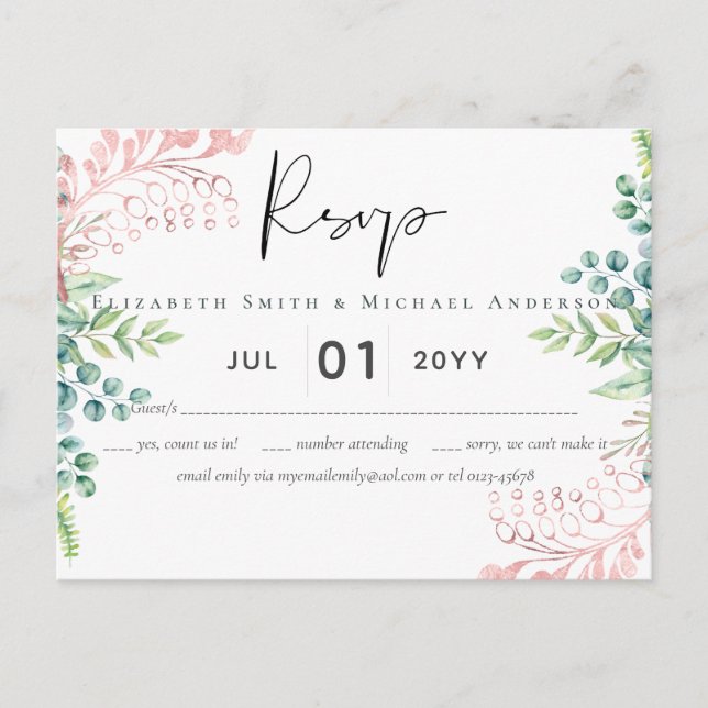Rosa Gold Greenery Wedding RSVP MENU (Anverso)