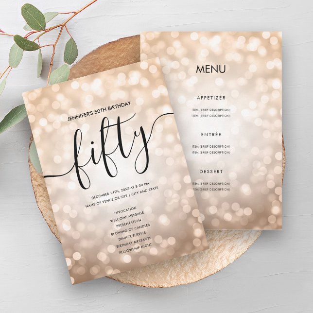 Rosa Gold Lights Programa 50th Birthday Menu (Rose Gold Lights 50th Birthday Menu Program)