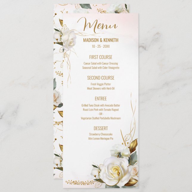 Rosa Gold Romántico Boda Floral Menú (Anverso / Reverso)