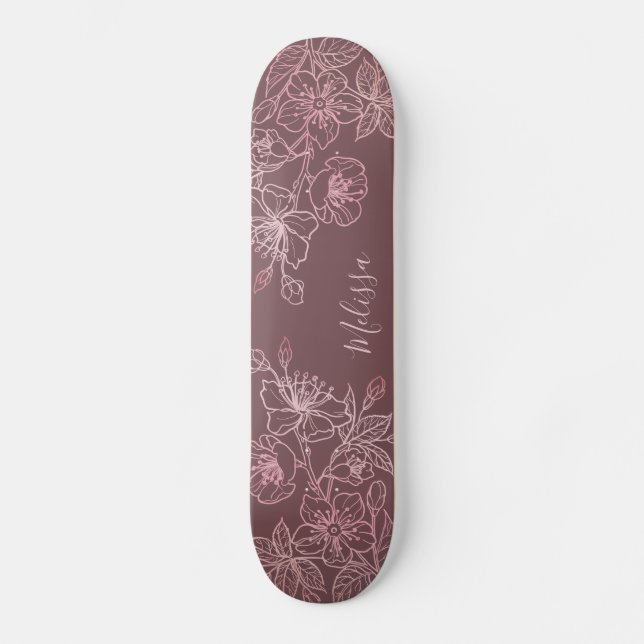 Rosa Gold Rubor Pink Floral Monograma Skateboard