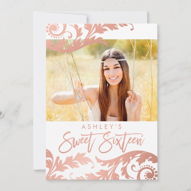 Rosa Gold Swirls Foto Sweet 16 Invitaciones (Anverso)