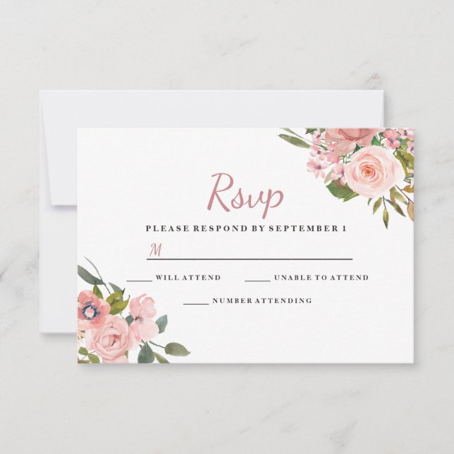 Rosa Gold y Rubor Flowers Wedding RSVP (Anverso)