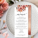 Rosa Gold y Rubor Pink Floral Menu<br><div class="desc">Relájese con esta exquisita tarjeta de menú. Diseñar coordinando nuestras invitaciones para eventos Rosa Gold. El diseño es independiente, con una decoración floral única de color rosa, melocotón y champán, y en la parte inferior encontrarás tu nombre y fecha. Detalle de tipografía manuscrita manuscrita. De vuelta en un rosa dorado...</div>