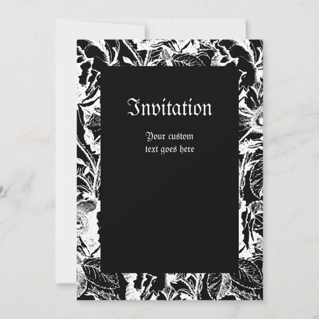 Rosa gótico blanco en negro invitación grande (Anverso)