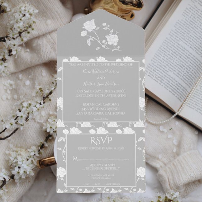 Rosa Gris Boda Todo En Una Invitación (Gray Rose All in One Wedding Invitation)