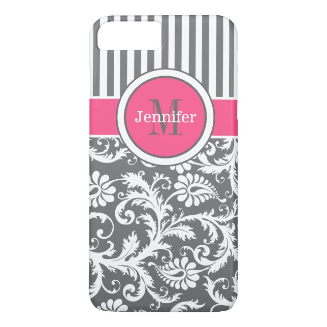 Rosa, gris, franja blanca, Damask iPhone 7 Funda (Reverso)