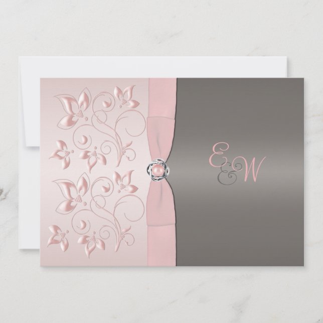 Rosa, invitación floral gris de la boda del (Anverso)
