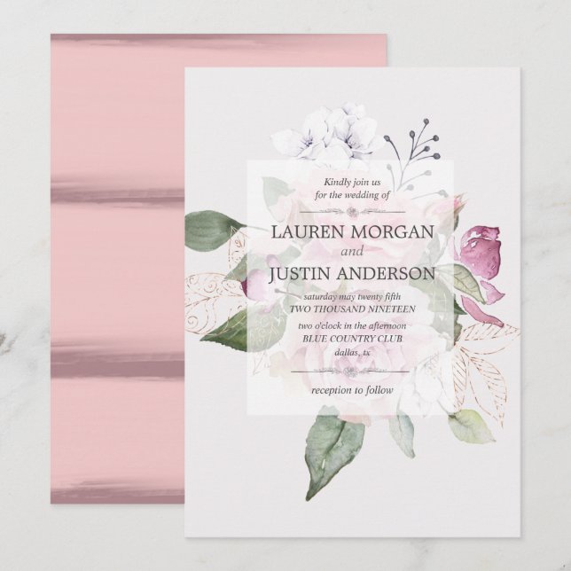 Rosa Jardín Elegante Boda Floral Invitación (Anverso / Reverso)