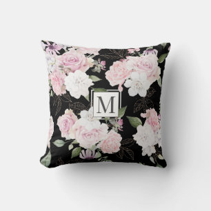 Rosa Jardín Elegante Cojín decorativo de Monograma