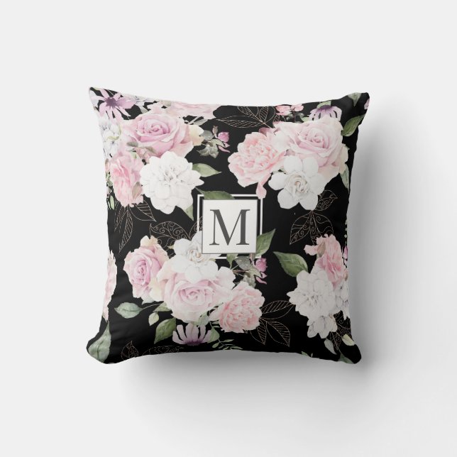 Rosa Jardín Elegante Cojín decorativo de Monograma (Anverso)