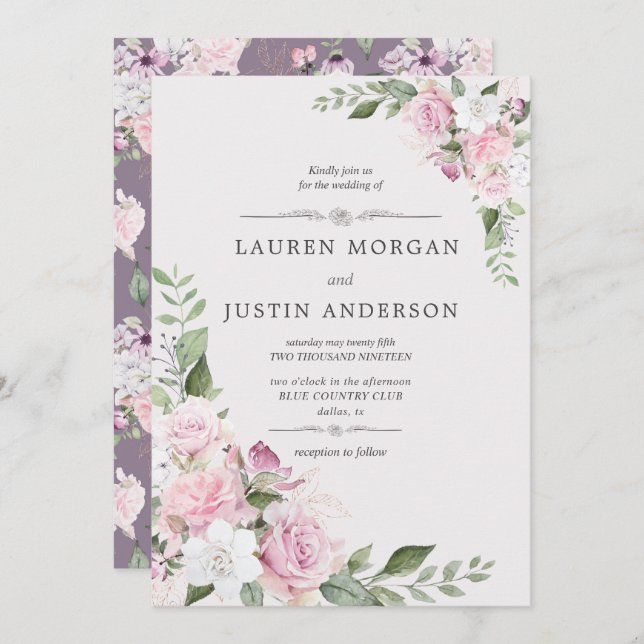 Rosa Jardín elegante con flores Invitación a la bo (Anverso / Reverso)