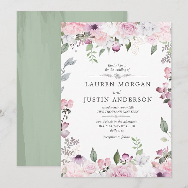 Rosa Jardín elegante con flores Invitación a la bo (Anverso / Reverso)