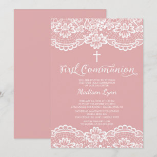 Rosa Lace Rosado Primer Invitación de la Santa Com