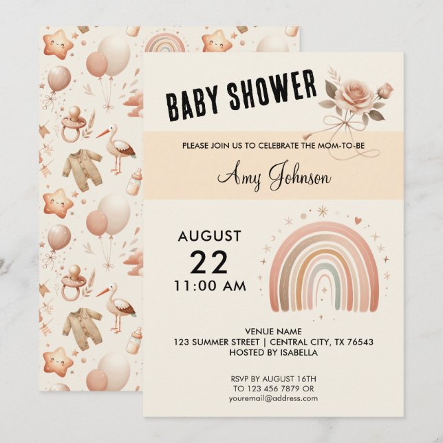 Rosa lindo Baby Shower - Invitación arcoiris (Anverso / Reverso)