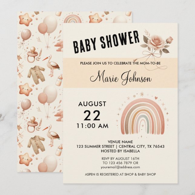 Rosa lindo Baby Shower - Invitación arcoiris (Anverso / Reverso)