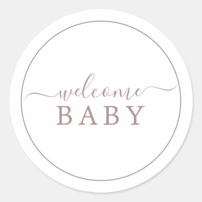 Rosa minimalista Pegatina Baby Shower de bienvenid (Anverso)
