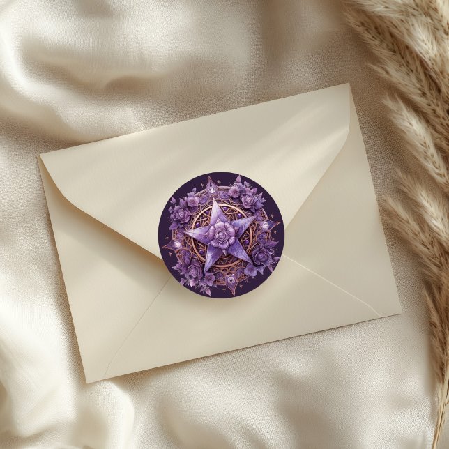 Rosa místico Pegatina de pentáculo - Sello de bruj (Mystic Rose Pentacle Sticker – Purple Witchy Seal on a neutral envelope)