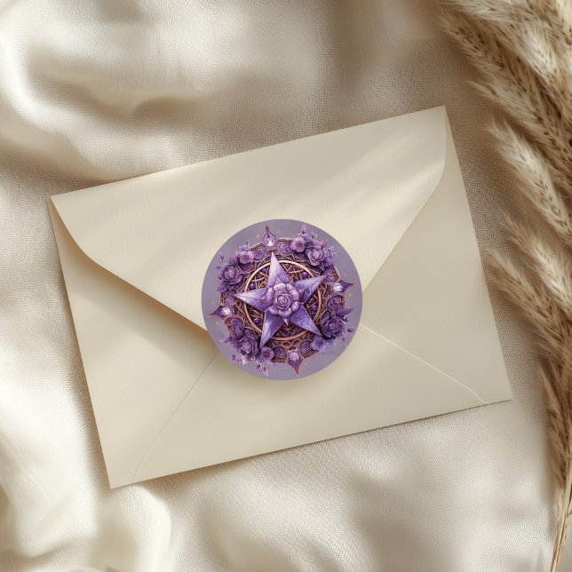 Rosa místico Pegatina de pentáculo - Sello de bruj (Mystic Rose Pentacle Sticker – Purple Witchy Seal on a neutral envelope)