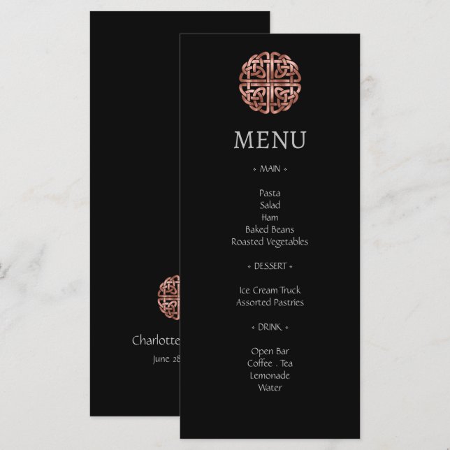 Rosa negro Dara Celtic Knot Boda Menu (Anverso / Reverso)