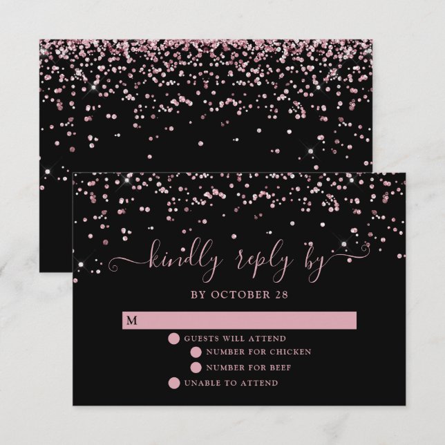 Rosa Negro Oro Rubor Purpurina rosa Wedding RSVP (Anverso / Reverso)