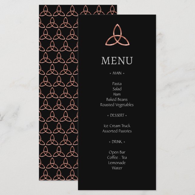 Rosa negro Trinity Gold Celtic Knot Boda Menu (Anverso / Reverso)