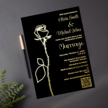 Rosa negro y oro código QR Invitación a matrimonio