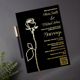 Rosa negro y oro código QR Invitación a matrimonio