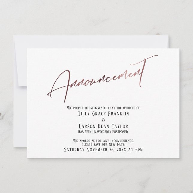 Rosa Oro Boda pospuesto Invitación (Anverso)