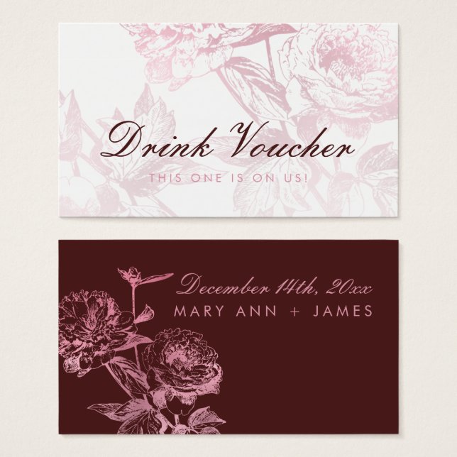 Rosa Oro Borgoña Boda Floral Bebida Voucher (Anverso y reverso)