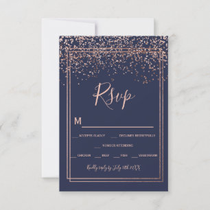 Rosa oro confetti azul marino script borde rsvp