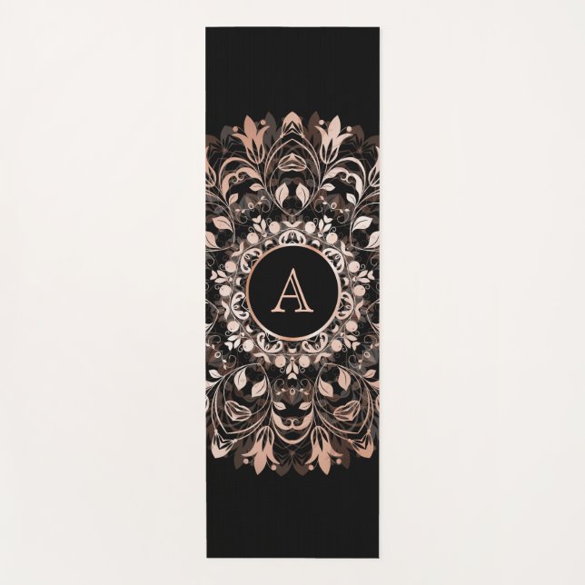 Rosa Oro Floral Negro Mandala Monograma Yoga Mat (Anverso)
