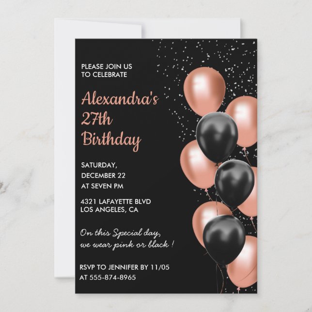 Rosa oro invitación de 27 años Balloon Black (Anverso)