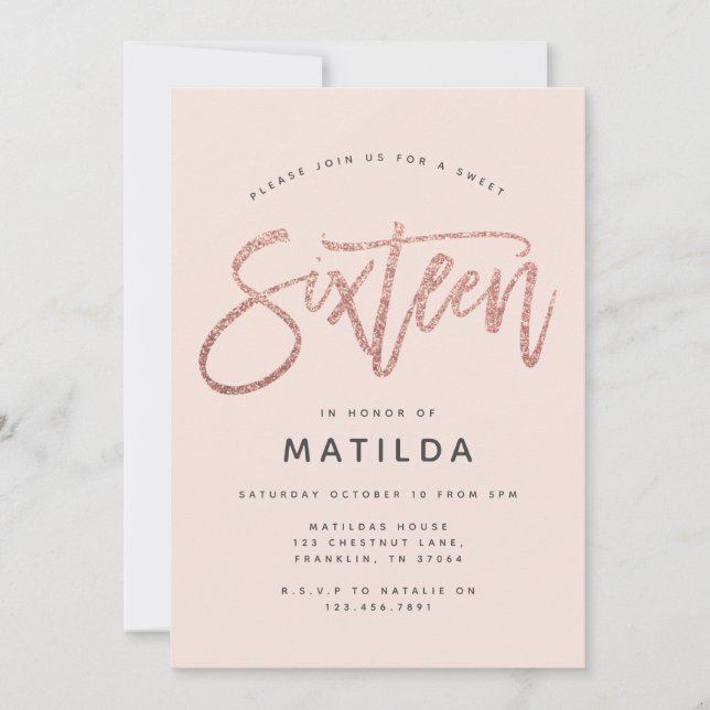 Rosa oro niñita purpurina dulce moderno 16 cumplea (Anverso)