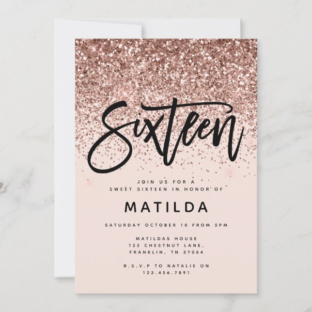 Rosa oro niñita purpurina dulce moderno 16 cumplea (Anverso)