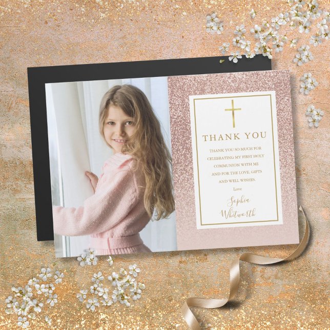 Rosa oro Primera Comunión Brillante Foto Agradecim (First Communion Rose Gold Glitter Photo Thank You)