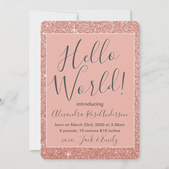 Rosa Oro Rosa Hola Mundo Bebé Invitación (Anverso)