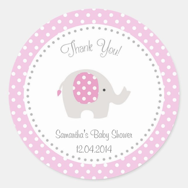 Rosa Pegatina de Baby Shower para elefante lindo (Anverso)
