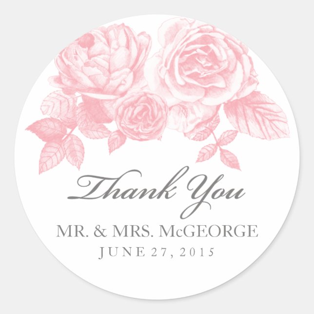 Rosa Pegatina redondo de esbozo en rosa (Anverso)