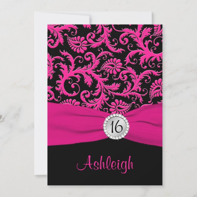Rosa, plata, invitación negra del dulce 16 del (Anverso)