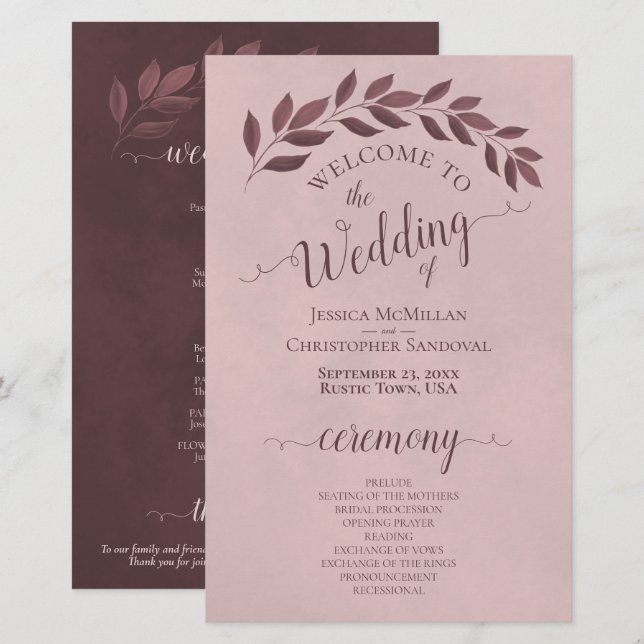 Rosa polvoriento deja elegante programa de matrimo (Anverso / Reverso)