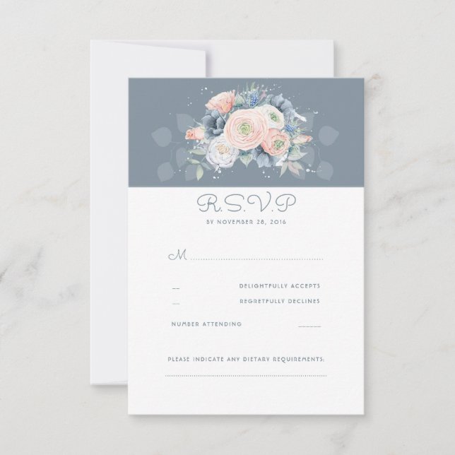 Rosa polvoriento y boda floral azul pálido RSVP (Anverso)