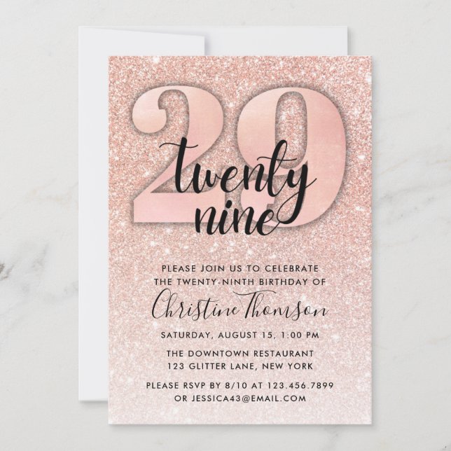 Rosa Purpurina de Oro 29ª Invitación de cumpleaños (Anverso)