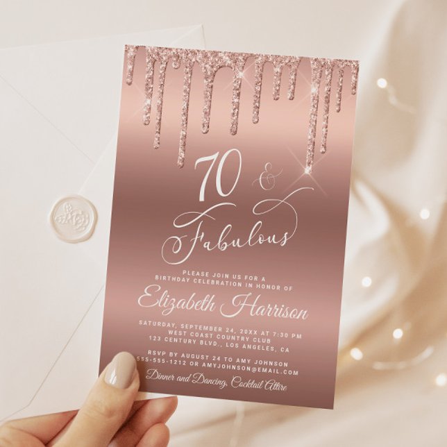 Rosa Purpurina de Oro 70.ª invitación a fiesta de  (Celebrate her 70 years of sparkle with an elegant rose gold glitter birthday party invitation)