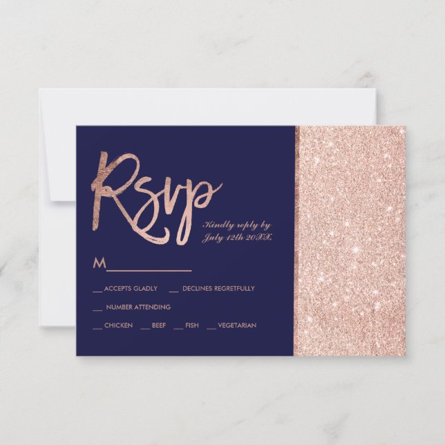 Rosa purpurina de oro bloque boda rsvp azul marino (Anverso)